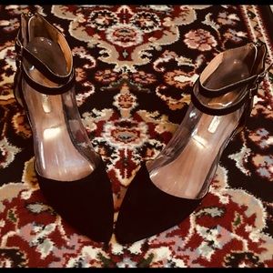 Mark. (New) Black Suede Double Strapped, Zipped Back Kitten Heels